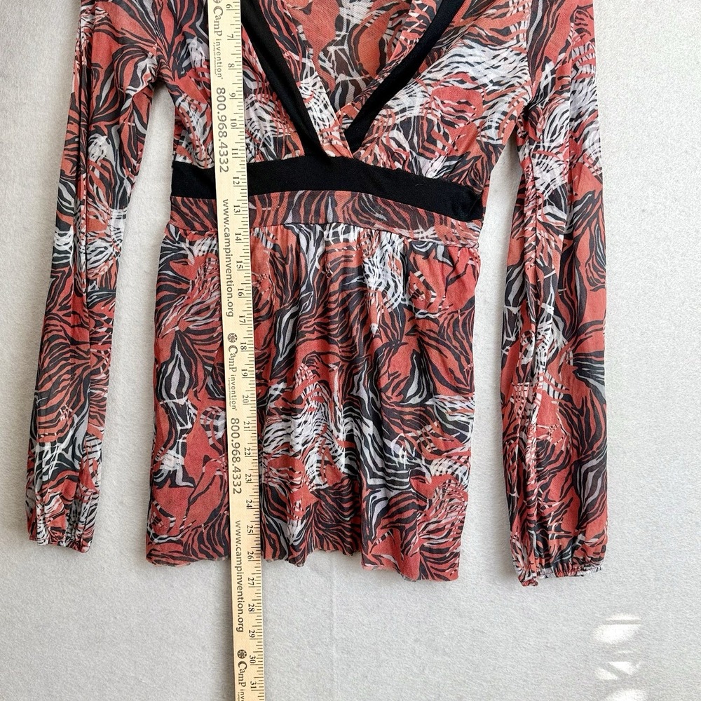 Sweat Pea by‎ Stacy Frati Red Orange Floral Babydoll Mesh Shirt Long Sleeve Sz S - Picture 4 of 6